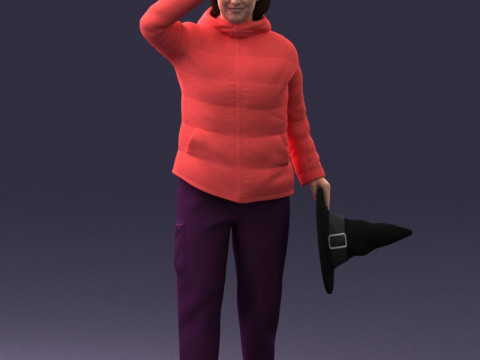 000240 Woman in Casual Jacket Holding a Witch Hat 0111 3dp Modèles 3D en vedette