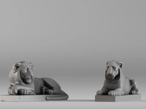 S00088 Pair of Stone Lions Sculptures 3D Print Model