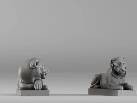 S00088 Pair of Stone Lions Sculptures 3D Print Model
