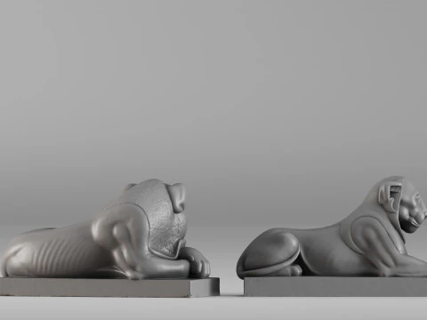 S00088 Pair of Stone Lions Sculptures 3D Print Model