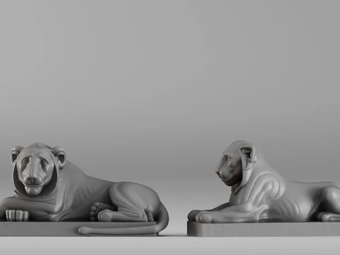 S00088 Pair of Stone Lions Sculptures 3D Print Model