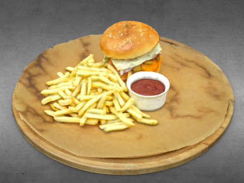 S00004 Classic Burger Meal Set with Fries and Sauce 3D Model