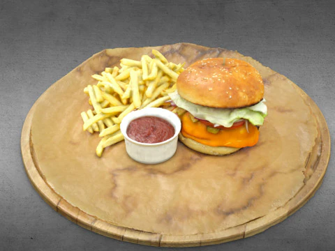 S00004 Classic Burger Meal Set with Fries and Sauce 3D Model
