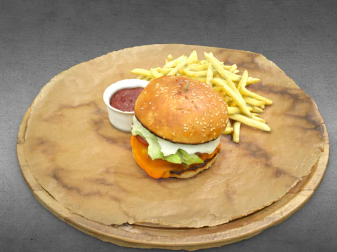 S00004 Classic Burger Meal Set with Fries and Sauce 3D Model