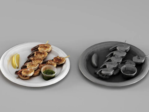 001693 Espetos de Camar&atilde;o Grelhado no Prato Modelo de Comida Digitaliza&ccedil;&atilde;o 3D Modelo 3D
