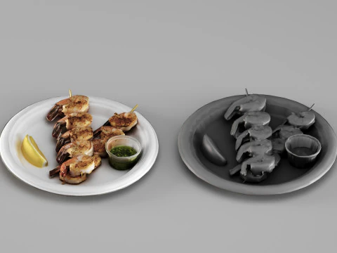 001693 Grilled Shrimp Skewers on Plate Food Model 3D Scan 3D Model