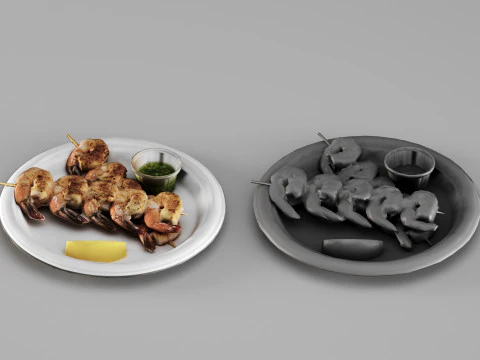 001693 Grilled Shrimp Skewers on Plate Food Model 3D Scan 3D Model