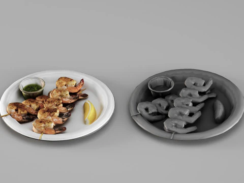 001693 Grilled Shrimp Skewers on Plate Food Model 3D Scan 3D Model