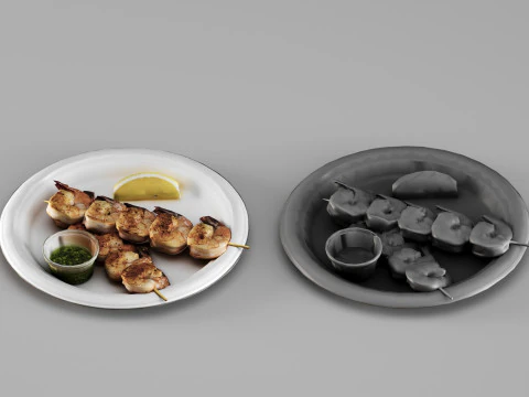 001693 Grilled Shrimp Skewers on Plate Food Model 3D Scan 3D Model