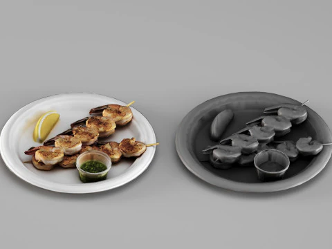 001693 Grilled Shrimp Skewers on Plate Food Model 3D Scan 3D Model