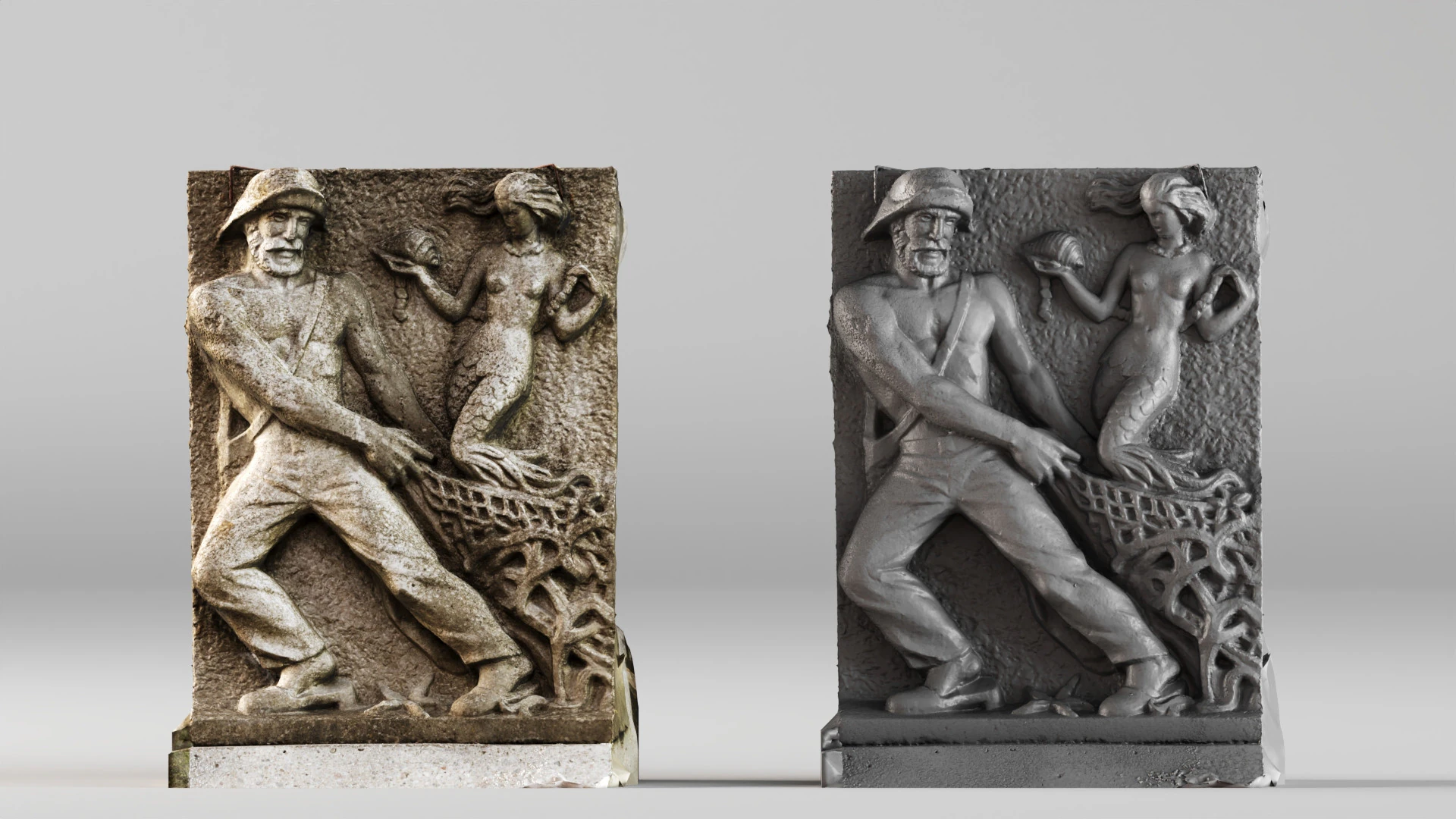 001700 Fisherman and Mermaid Limestone Relief Sculpture Circa 1940 Raw 3D Scan 3D Print Model .c4d .max .obj .3ds .fbx .stl .blend 
