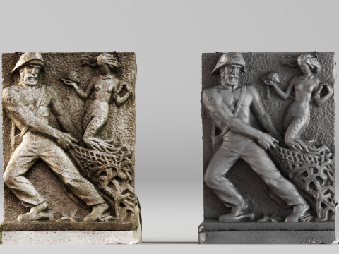 001700 Balıkçı ve Deniz Kızı Kireçtaşı Rölyef Heykeli, 1940 Dolaylarında Ham 3D Tarama 3D Baskı Modeli