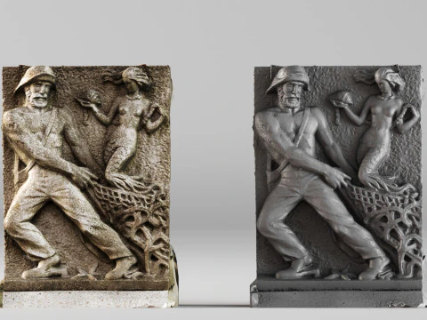 001700 Scultura in rilievo in pietra calcarea con pescatore e sirena, 1940 circa, scansione 3D grezza Modello di stampa 3D
