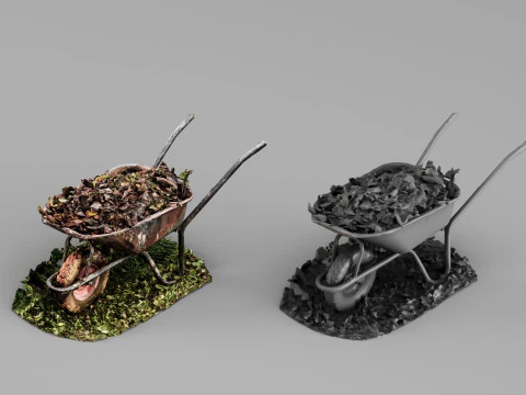 001710 带树叶环境道具的花园手推车 3D 模型