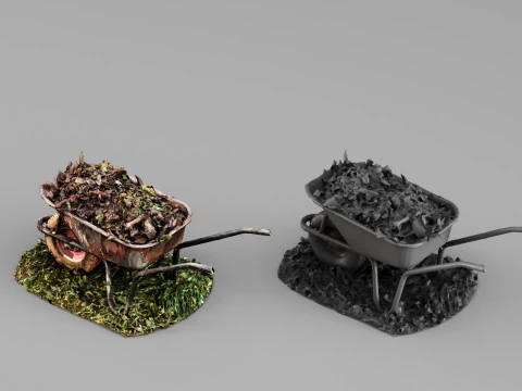 001710 带树叶环境道具的花园手推车 3D 模型