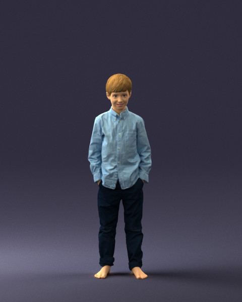 000438 Barefoot Realistic Young Boy in Casual Outfit Standing Pose 3dp 3D Print Model .c4d .max .obj .3ds .fbx .stl .blend