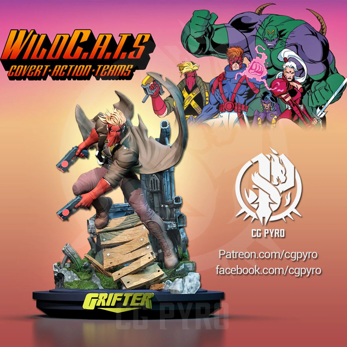 Grifter from Wild CATS by Jim Lee comics STL files for 3d printing fanart by CG Pyro collectibles 3D Print Model .c4d .max .obj .3ds .fbx .stl .blend 