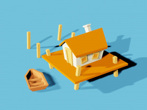 low poly house in sea 3D Modell