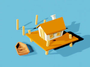 low poly house in sea 3D Model