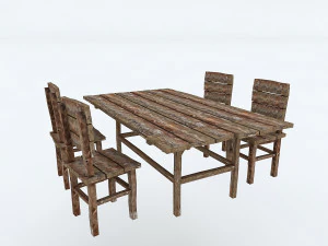 vecchio tavolo con sedia in legno Modello 3D