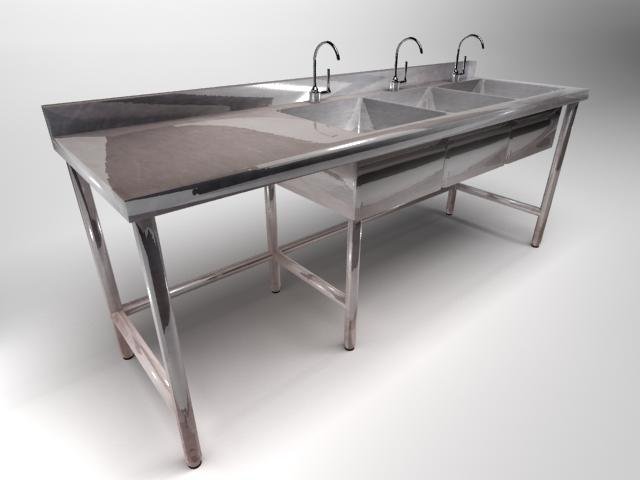 industrial kitchen table with 3 washing boards Modello 3D .c4d .max .obj .3ds .fbx .stl .blend