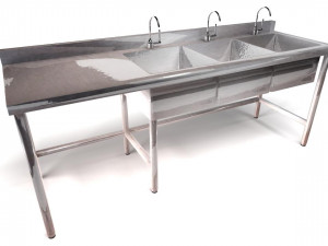 industrial kitchen table with 3 washing boards Modello 3D