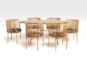 Bamboo Dining Table Set 3D Model