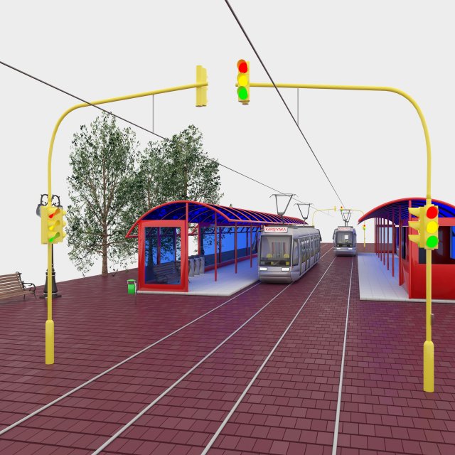 Tram and Station 4K 3D Model .c4d .max .obj .3ds .fbx .stl .blend 