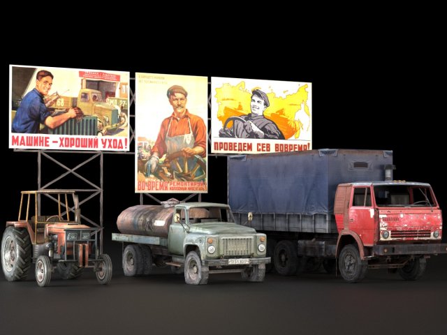 a garage with a tractor a truck and a car 3D मॉडल .c4d .max .obj .3ds .fbx .stl .blend 