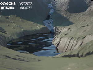 Cartoon mountain terrain with a body of water and river 3D Model