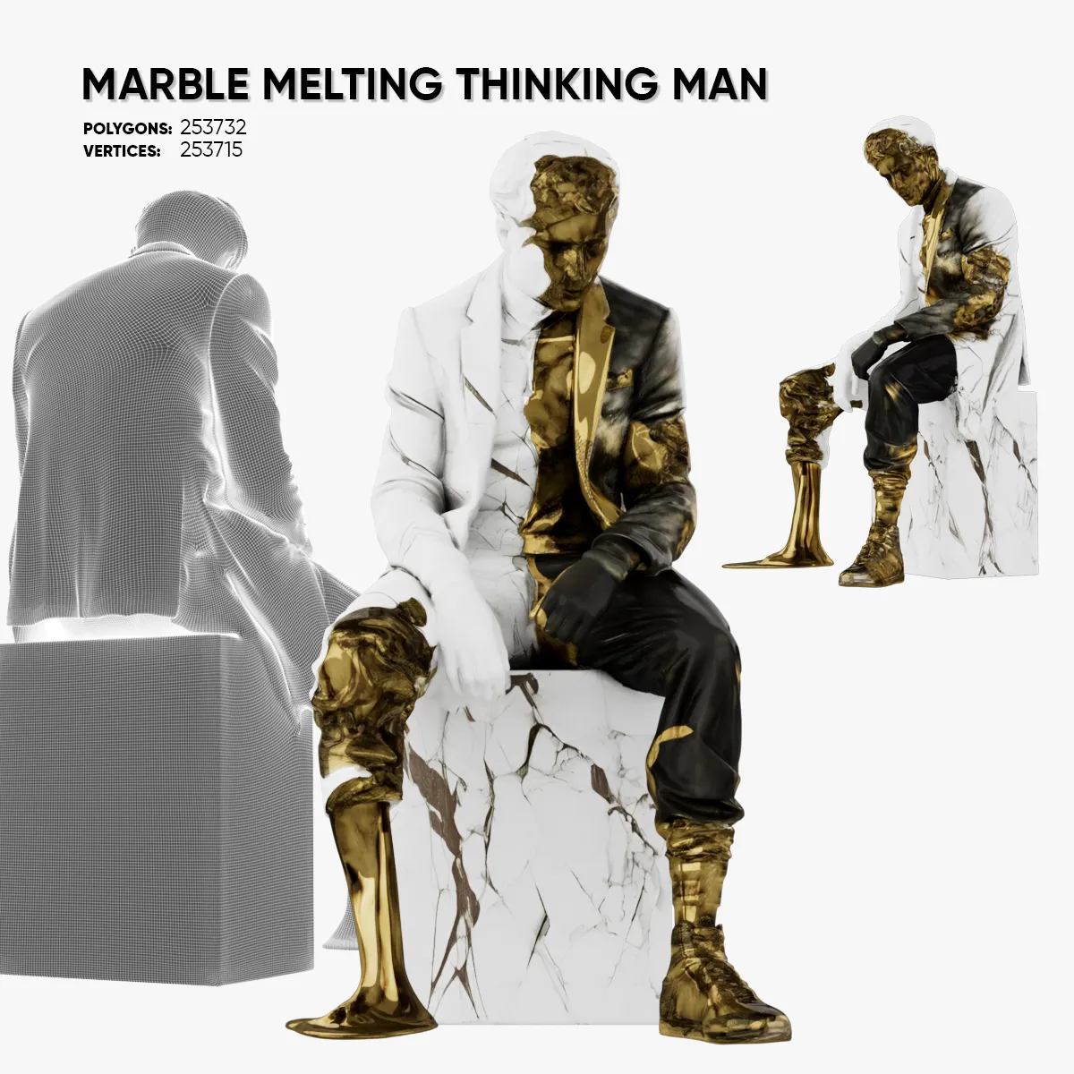 Marble Melting Thinking Man 3D Model .c4d .max .obj .3ds .fbx .stl .blend 