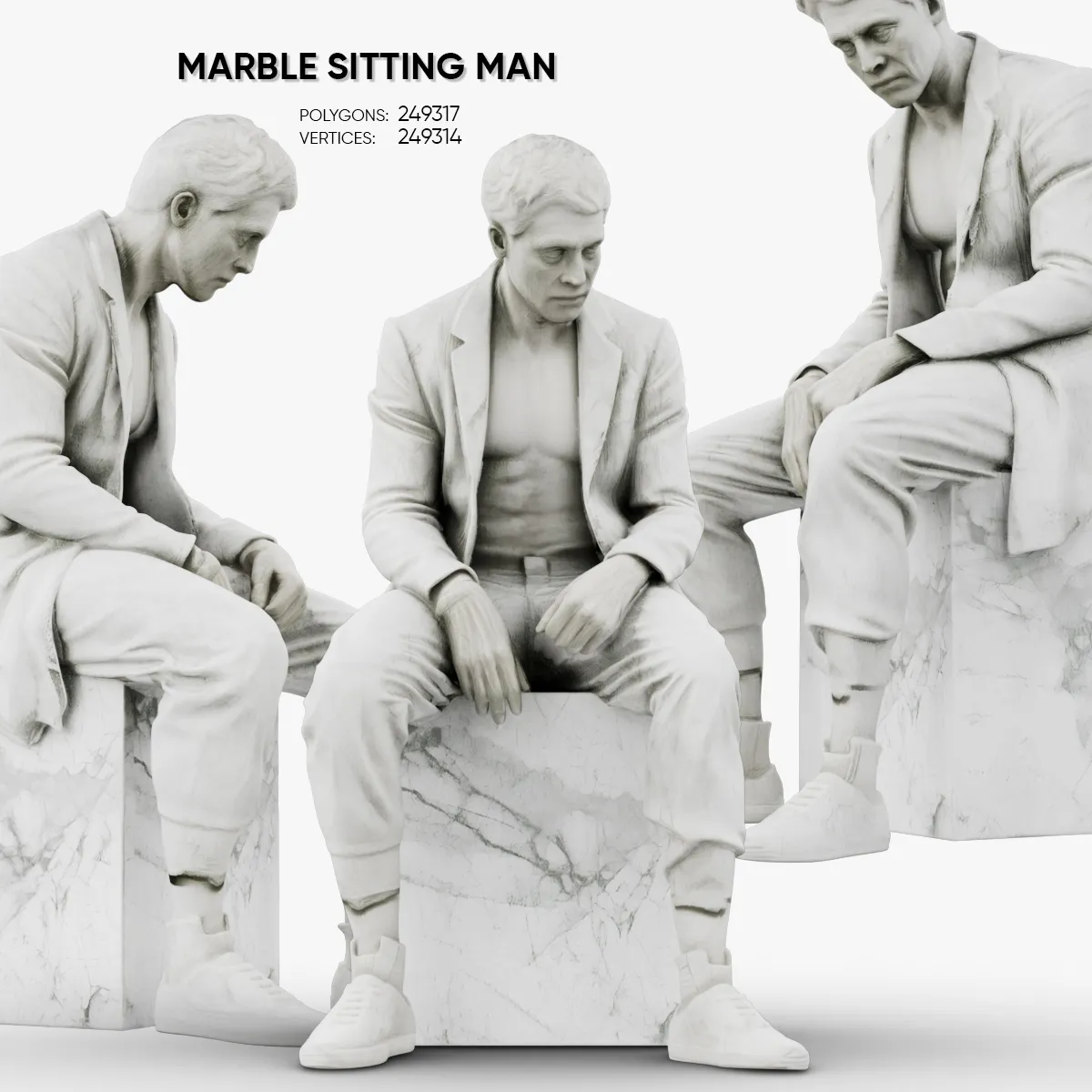 Marble sculpture Sitting Man 3D Model .c4d .max .obj .3ds .fbx .stl .blend