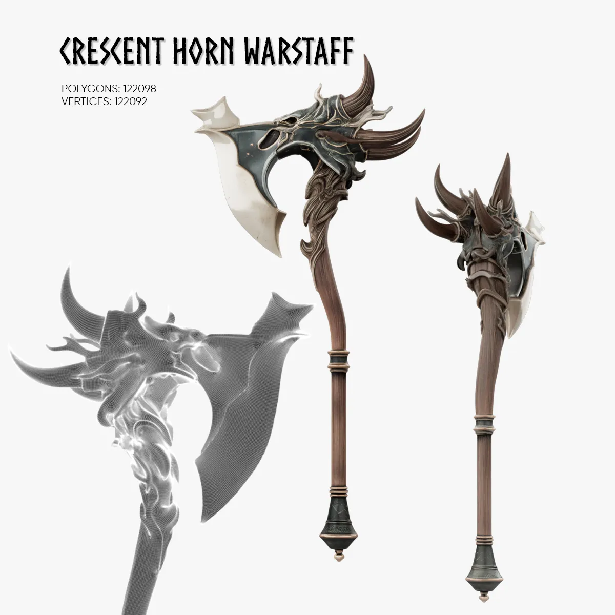 Crescent Horn Warstaff 3D Model .c4d .max .obj .3ds .fbx .stl .blend 