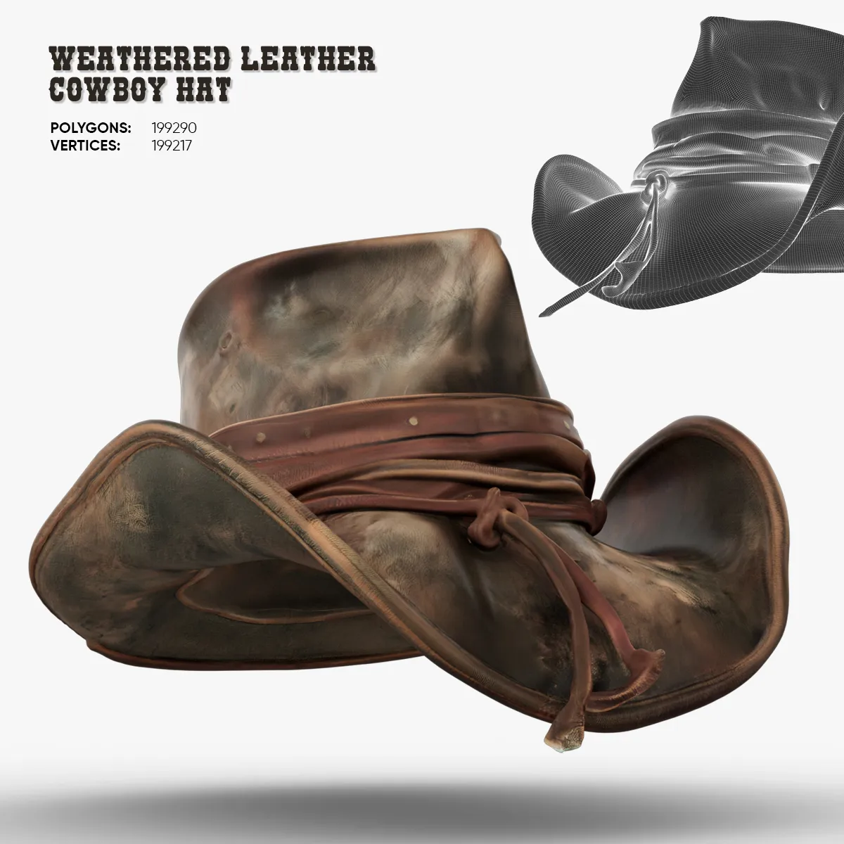 Weathered Leather Cowboy Hat 3D Model .c4d .max .obj .3ds .fbx .stl .blend 