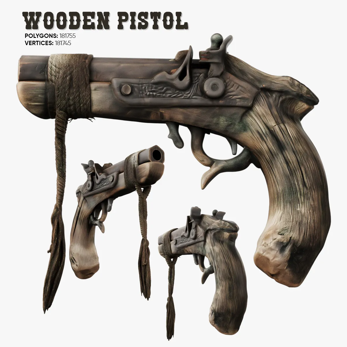 Wooden Pistol 3D Model .c4d .max .obj .3ds .fbx .stl .blend