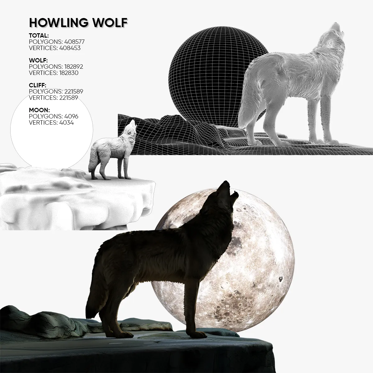 Howling Wolf 3D Model .c4d .max .obj .3ds .fbx .stl .blend 