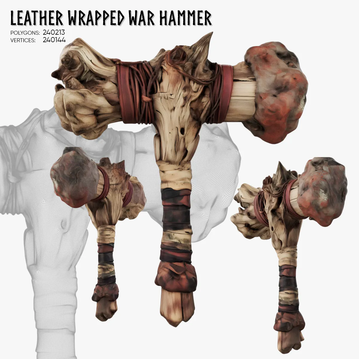Leather Wrapped War Hammer 3D Model .c4d .max .obj .3ds .fbx .stl .blend
