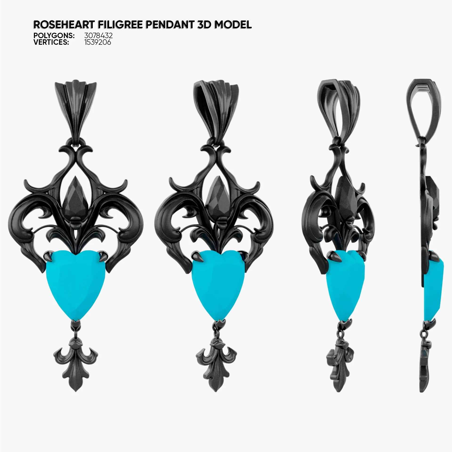 Roseheart Filigree Pendant 3D Model .c4d .max .obj .3ds .fbx .stl .blend 