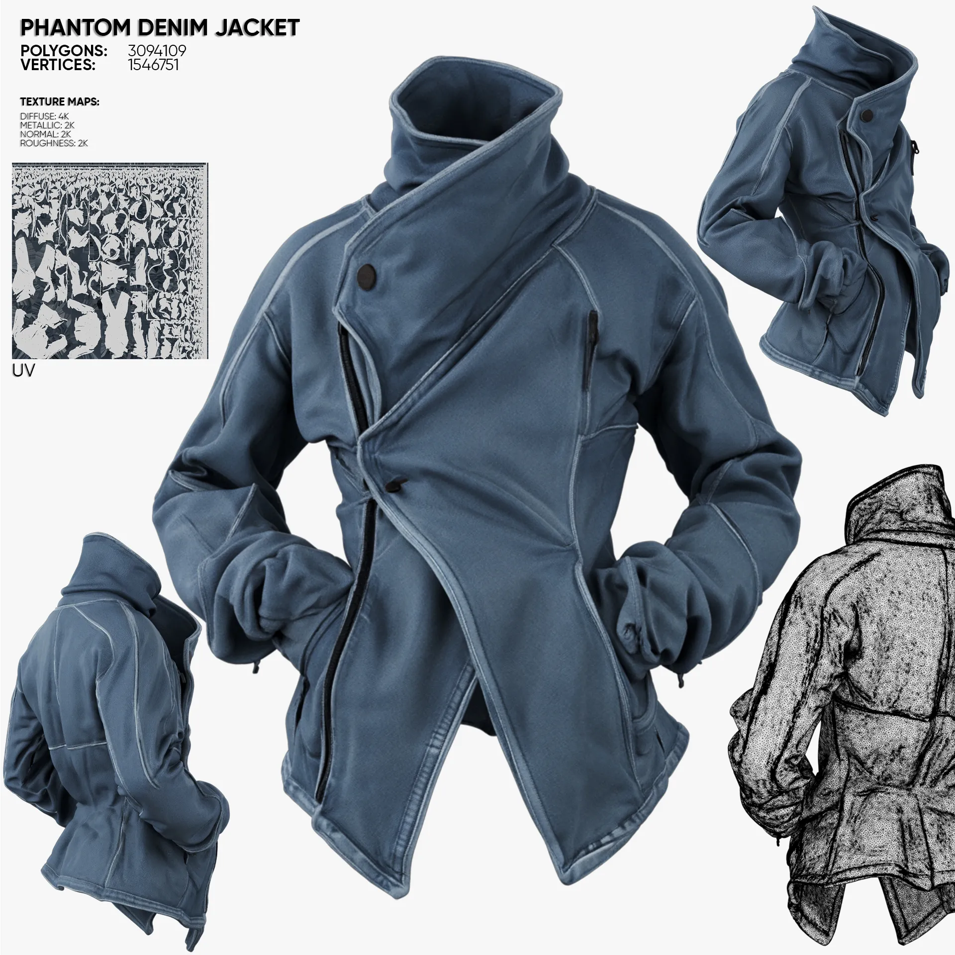 Phantom Denim Jacket 3D Model .c4d .max .obj .3ds .fbx .stl .blend 
