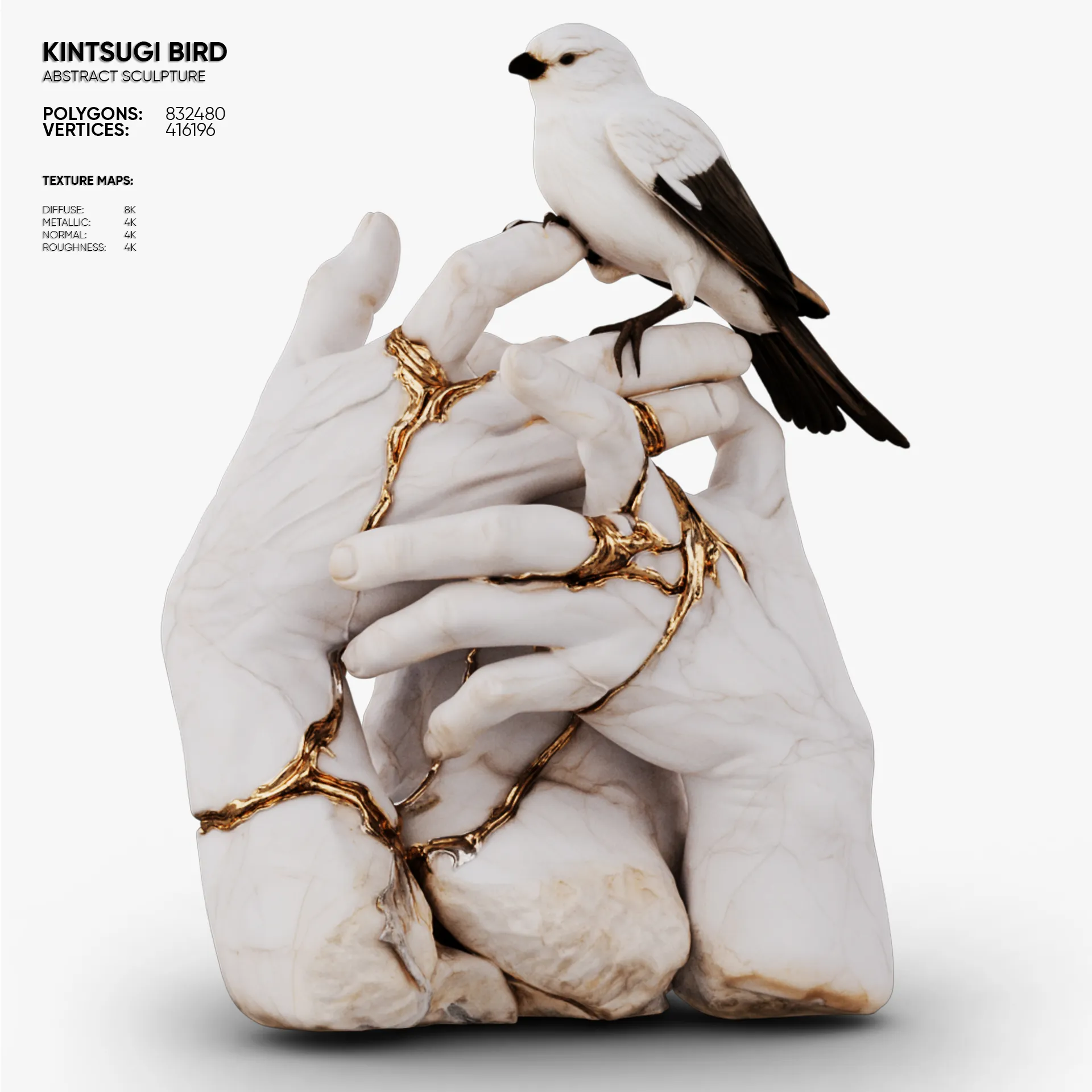 Kintsugi Bird 3D Model .c4d .max .obj .3ds .fbx .stl .blend