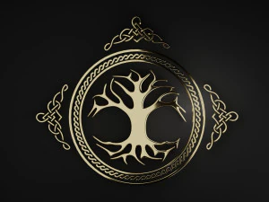 Árbol de la vida en un anillo con un adorno de baja poli. Modelo 3D