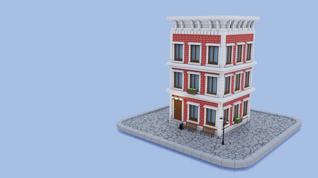 cartoon brick house with three floors low-poly Model 3D .c4d .max .obj .3ds .fbx .stl .blend 
