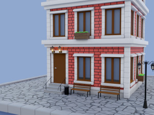 cartoon brick house with three floors low-poly Model 3D