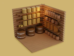 gudang dengan makanan dalam gaya mainan low-poly Model 3D