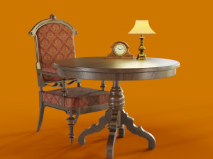 antique table and chair clock and lamp low-poly 3D मॉडल