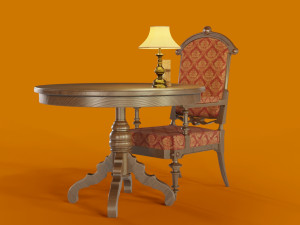 antique table and chair clock and lamp low-poly 3D 모델