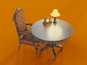 antique table and chair clock and lamp low-poly 3D 모델