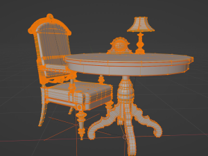 antique table and chair clock and lamp low-poly 3D 모델