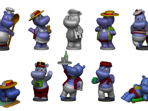 Collection of hippos from Kinder Surprise 1992 for 3D printing STL 3D 打印模型
