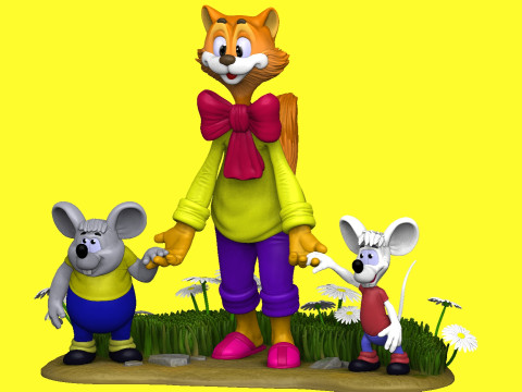 Leopold the cat with mice for 3D printing STL 3D Модель